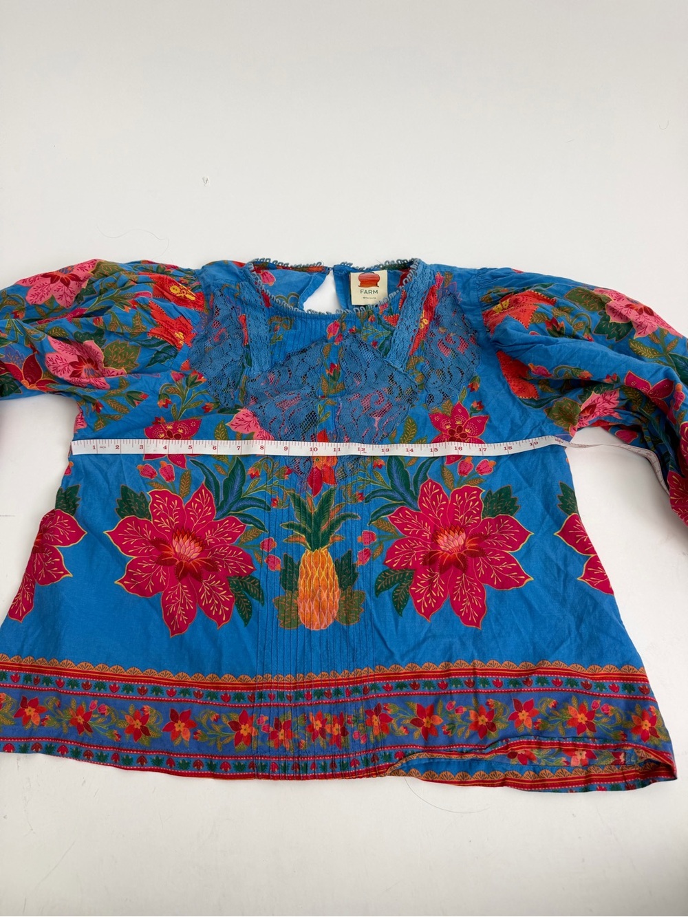 farm rio blue floral Blouse Bubble Sleeve With Tassels Tropical Island Beach - Picture 8 of 12